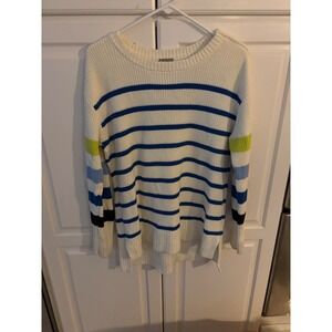 T by Talbots XL Striped Sweater Knit Pullover Blue White Green Shoulder Zip‎